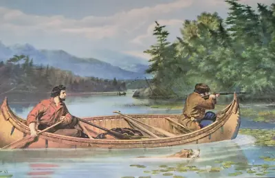 AMERICAN HUNTING SCENE A GOOD CHANCE Hunter In Canoe MOOSE Currier Ives 12x16  • $20