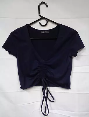 Women's SHEIN Blue Short Midriff Tie Cinch V Neck Shirt ~ NAVY BLUE / SMALL S • $19.99