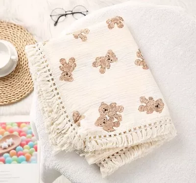 Little Teddy Bear Organic Cotton Neutral Baby Muslin Tassel Blanket Swaddle Gift • £10.99