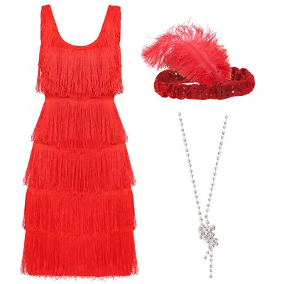 Deluxe Red Flapper Fancy Dress Adult Charleston Fringe Costume 1920's 1930's • £18.99