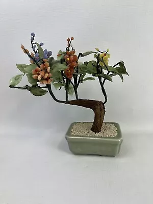 Vintage Floral Bonsai Tree Jade Stone Glass Asian Flowers Japan Pot • $40