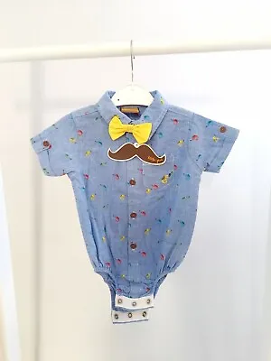 Baby Boys 6-12 Months Blue Vest Shirt Bodysuit Top Clothes Smart Cute Bow Tie • £3.70