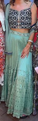 $99 • Buy Genuine Indian Turquoise Lehenga Fully Embroidered Shawl Wedding Bride Party