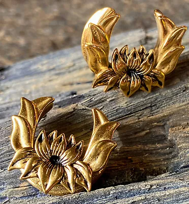 PAIR Gold Plated Lotus Flower Saddle Ear Spreader Surgical Steel Tunnel Plug • $17.95