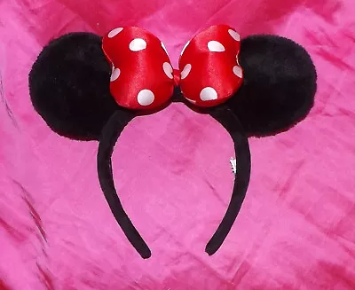 🏰 Disney Parks Minnie Mouse Furry Ears & Red Polka Dot Bow Headband Cap Hat • $4.95