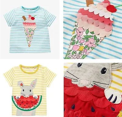 MINI BODEN Baby Girls T-shirt Tops Jersey Cotton Striped Embroidered Bunny NEW • £4.95