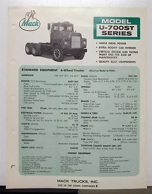 1972 Mack Truck Model U 700ST Specification Sheet • $15.21