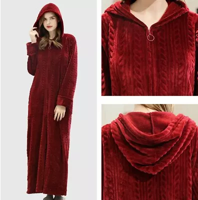 Ladies Warm Hooded Dressing Gown Bath Robe Soft Flannel Fleece Zip Up Long Robes • £24.57