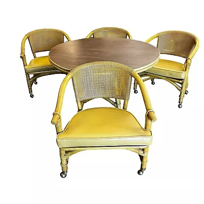 MCM Rattan Dining Table & Swivel Arm Chairs Ficks Reed Gold Yellow Boho Bamboo • $669.99