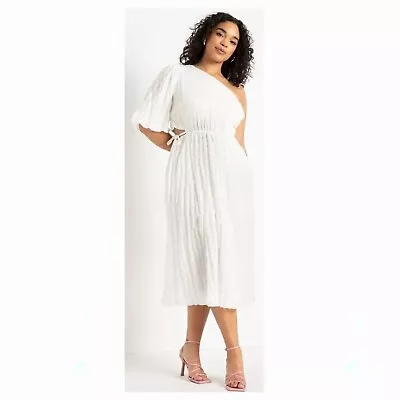 ELOQUII White One Sleeve Boho Midi Dress Size 14 Drama Sleeve Raw Hem Crinkle • $19.60