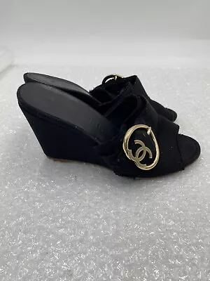 Chanel Size 37 US 6.5 Black Canvas Heart Buckle Wedges Sandals Italy • $95