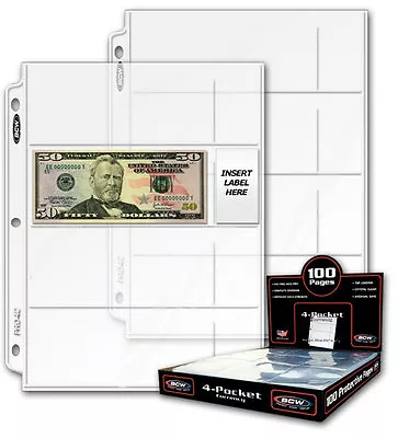 5 Sheets Of BCW 4 Pocket Currency Pages For Binder Albums • $4