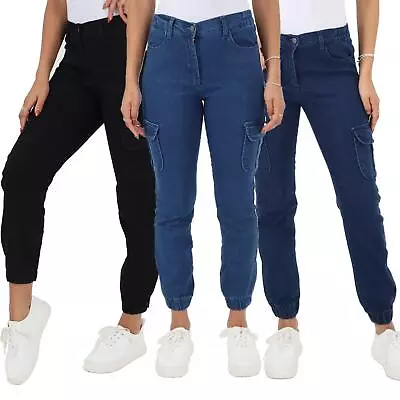 Womens Self Cuffed Jeans Ladies Cargo Side Elastic Waist Denim Size 10-24 • £16.99