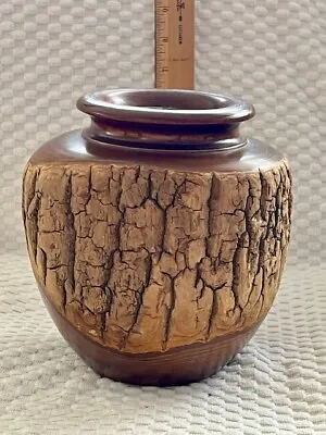Mid Century Modern Hand Carved Turned Wood Bark Vase Brass Lined Stunning • $41.99
