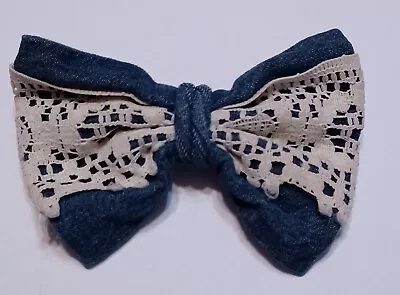 Vintage Denim & Lace Hair Bow With Alligator Clip. • $2.55