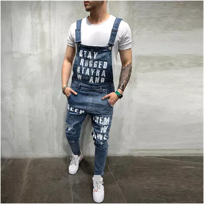 Mens Streetwear Overalls Suspender Ripped Pocket Jeans Overall Jumpsuit Pants • $34.95