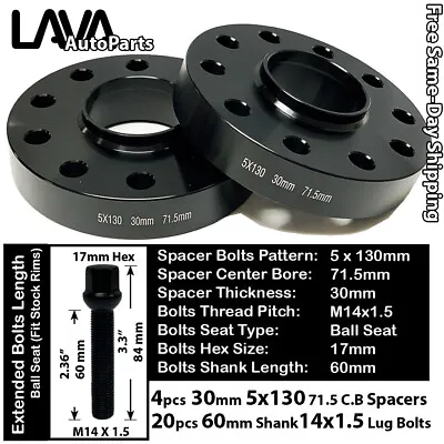 4pc 30mm Thick 5x130 71.5mm C.b Wheel Spacer+14x1.5 Bolt Fit Audi Vw Porsche • $134.99