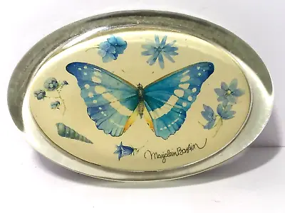 Marjolein Bastin GLASS PAPERWEIGHT Blue BUTTERFLY FLOWERS Hallmark OVAL • $8.95