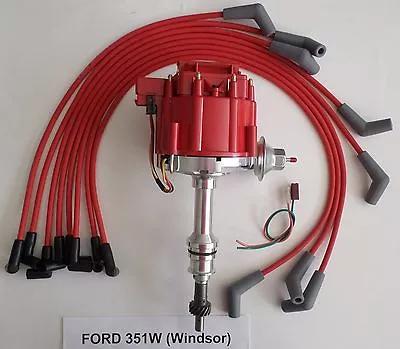 FORD 351W (Windsor) RED HEI Distributor & 8mm Spiral Core Spark Plug Wires USA • $123.95