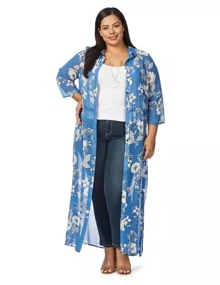 Beme Kimono Cover-Up Maxi Plus Size 16 Blue White 3/4 Sleeve Button Up RP$90 NEW • $28.99