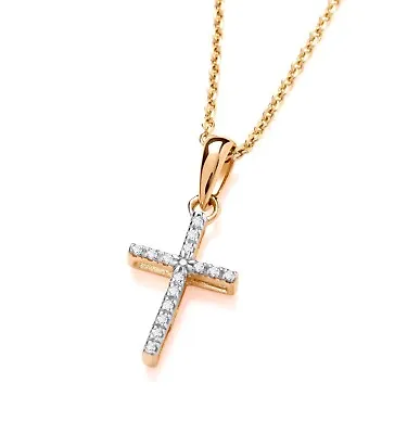 9ct Yellow Gold Natural Diamond Cross Pendant Necklace + 18 Inch Chain • £65