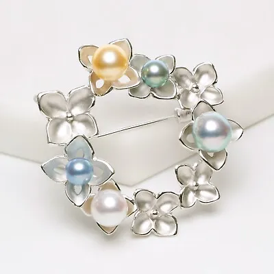 Multicolor Round Japanese Akoya Pearl Brooch Pin Sterling Silver Flower Bouquet • $231.57