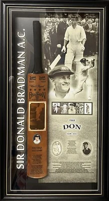 $1490 • Buy DON BRADMAN SIGNED Cricket Bat Sykes Montage Display Full Size Aged FRAMED COA