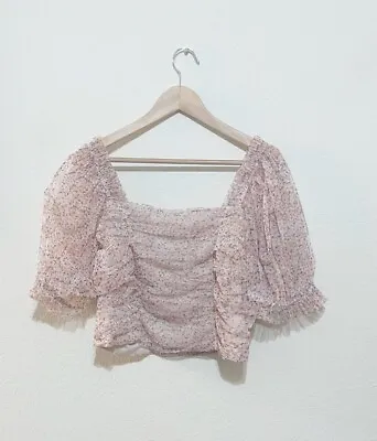 H&M Peasant Milkmaid Coquette Mesh Top L Large Pink Ditsy Floral Puff Sleeve • $13.99