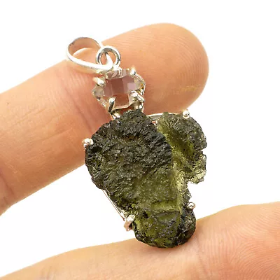 8.29gr MOLDAVITE Tektite With Herkimer - Pendant In Prongs Silver .925 #JM309 • $218.90