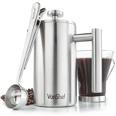 £22.99 • Buy Cafetiere French Press, VonShef 3 Cup Double Wall Stainless Steel Coffee Maker