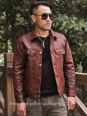 Real Leather Clothes Men's Goat Skin Jacket Lapel Short Style Shole Skin Washed  • $218.22