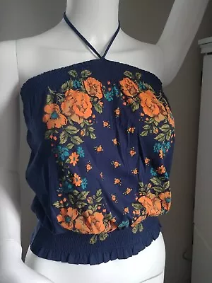 I Love H81 NWT Vintage Tube Top Halter With Ties Navy Blue Orange Floral Sz S/P • $19.80