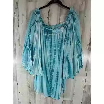 Elan Womens Blouse Top Size Large Turquoise Tie Dye Peasant Boho Flounce Sleeve • $19.97