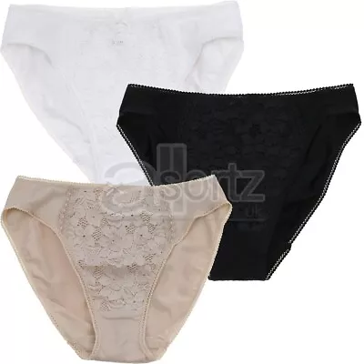 New Ladies High Rise High Leg Knickers M S L Lace Front Cotton Rich Briefs Size • £4.15