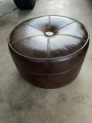 17” Vintage MCM Retro Brown Round Vinyl Ottoman Footstool Stool Hassock Wheels • $67.50