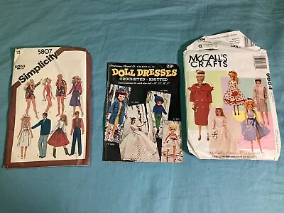 Three Retro Vintage Patterns For Barbie Fashion Doll Clothes 2 Sewing And 1 Knit • $15.99