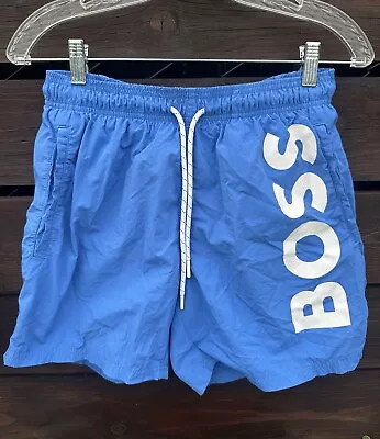 Hugo Boss Blue Swim Trunks Mens Spell Out Lined Drawstring Shorts Size Small • $21