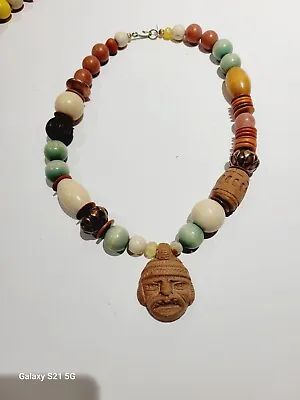 Carolyn Tanner Mayan Face Wood Beaded Statement Necklace Vintage 1980s • $19.98