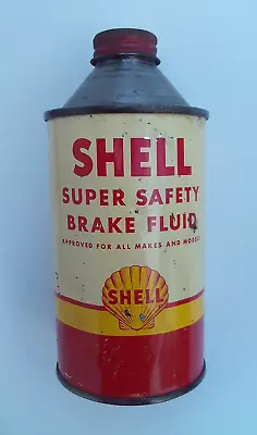 VINTAGE 1950s SHELL OIL CO SUPER SAFETY BRAKE FLUID METAL CONE TOP TIN CAN EMPTY • $39.99