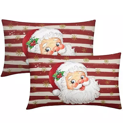 Red Christmas Santa Claus Lumbar Pillow Covers 12x20 Inch Set Of 2 Xmas Gold • $20.87