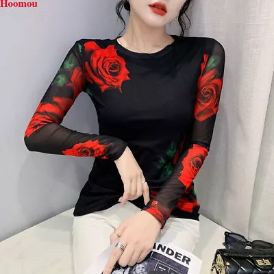 New Women Vintage Flower Crew Neck Mesh Long Sleeve Slim Fit Tops Blouse T-shirt • $35.77