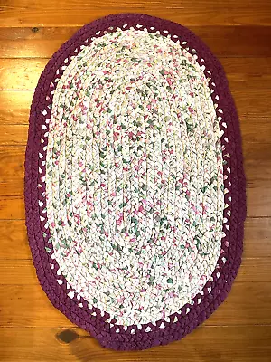 Vintage Braided Rag Rug 47  X 30  Primitive Maroon Border Red Green Cream • $49