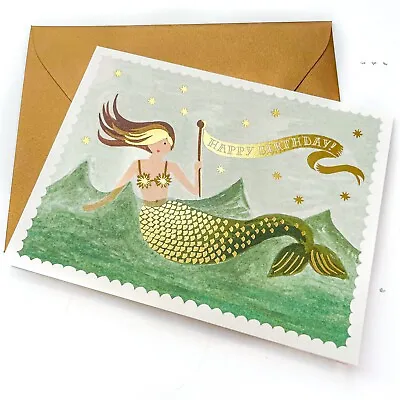 RIFLE PAPER CO. Greeting Card & Envelope -  VINTAGE MERMAID BIRTHDAY  Gold A2 • $5.79