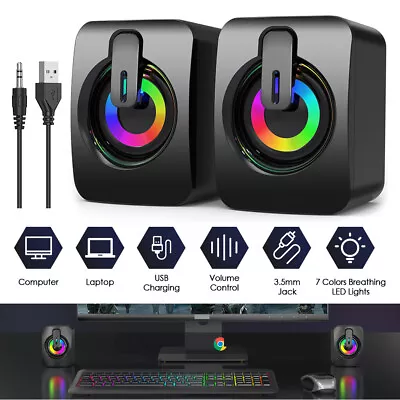 USB Wired Mini Computer Speakers Stereo Bass Subwoofer RGB For Desktop Laptop PC • £11.39