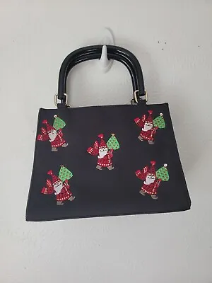 Kim Rogers Black Christmas Holiday Embroidered Sequin Canvas Santa Handbag Purse • $24.95