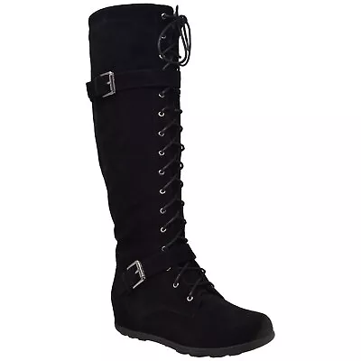 Womens Knee High Boots Lace Up Combat Buckle Strap Accent Shoes Black SZ 10 • $19