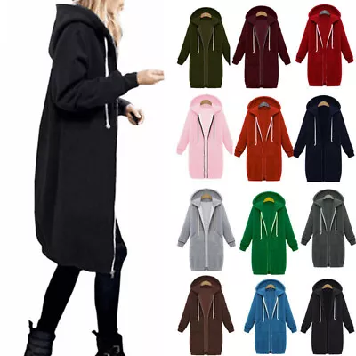 Mid-Length Womens Zip Up Hooded Long Sleeve Jacket Ladies Hoodie Cardigans Coats • £16.99