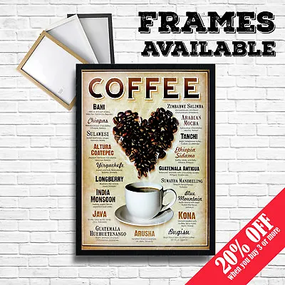 COFFEE BLENDS Art Print A3 / A4 Hearth Love Poster Shop Kitchen Cafe Wall Decor • £3.99