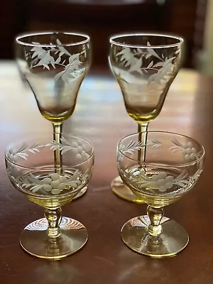 LOT Of 4 Vintage Depression Etched Glass Stemware Yellow Lancaster Tulip Berry • $40
