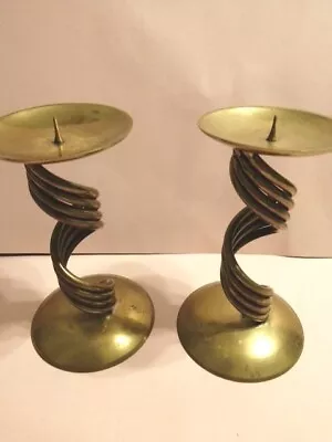 VTG Retro Art Deco Set Solid Brass Twirling Candle Holders From France 6  Tall  • $32.59